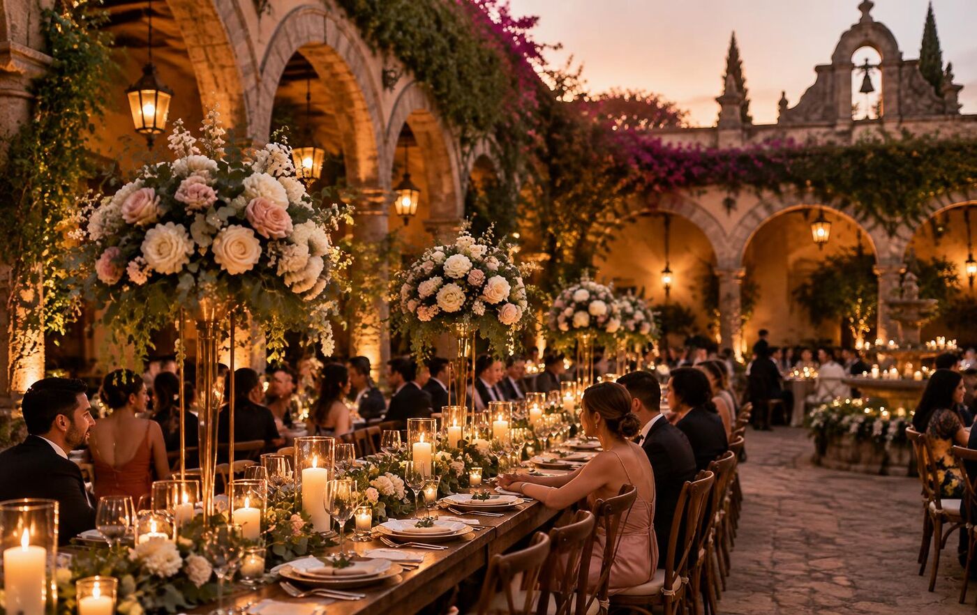 Mesas de banquete con centros florales altos en un patio de hacienda al atardecer