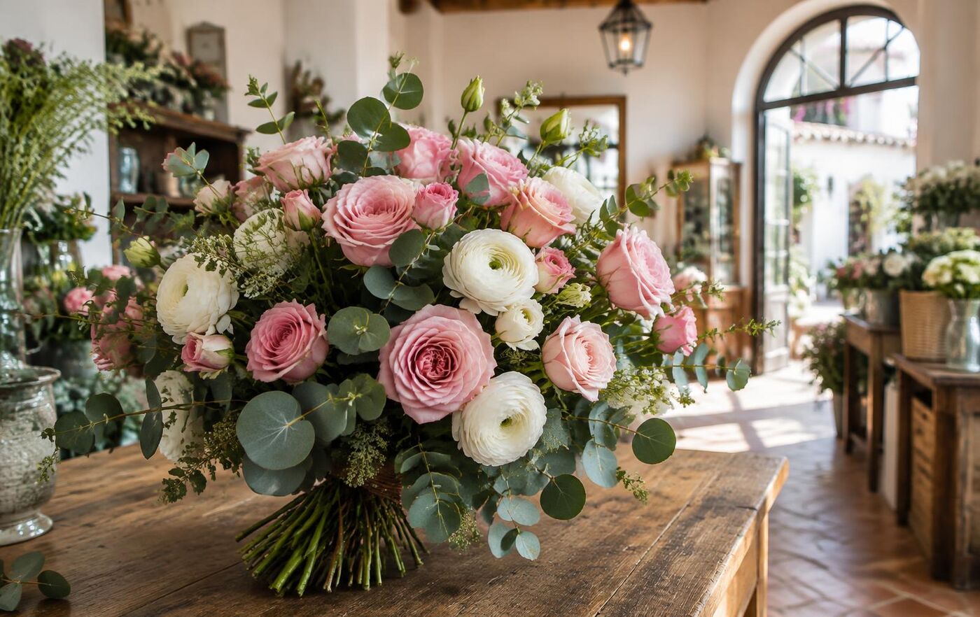 Bouquet de rosas rosas y ranúnculos blancos sobre un mostrador de madera en una florería