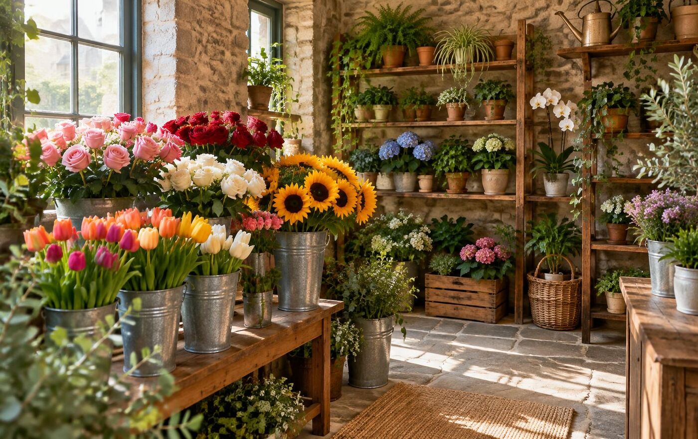 Interior de florería con cubetas de flores frescas y repisas con plantas